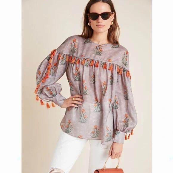 Anthropologie Tops - Anthropologie Sachin Babi Acacia Top Tassle Floral Bishop Sleeve NWT Blouse M